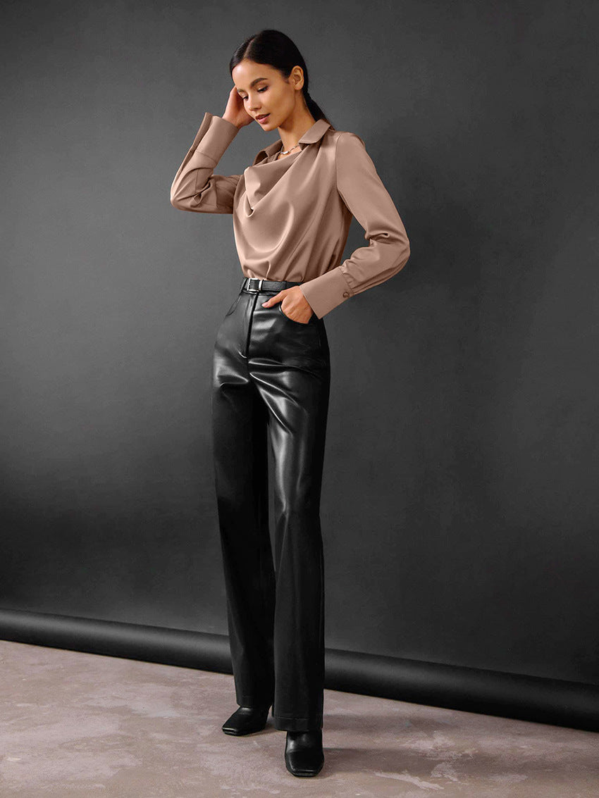Calyx Draped-Collar Long-Sleeve Blouse