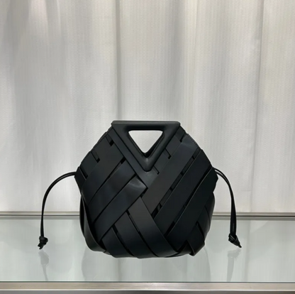 Obscura Woven Triangle-Buckle Crossbody Bag in black, front view