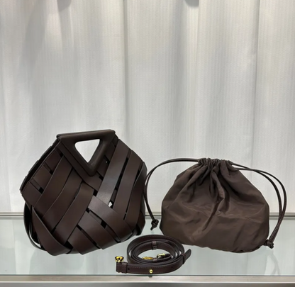 Obscura Woven Triangle-Buckle Crossbody Bag in brown, set detail view