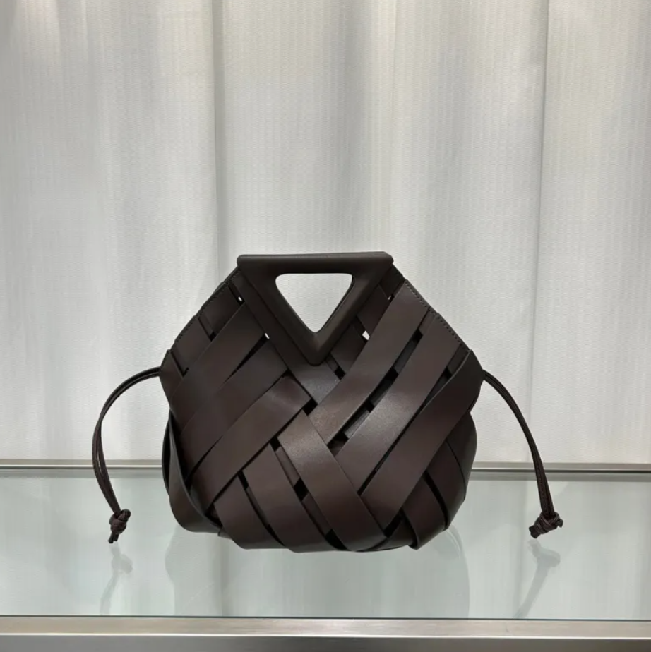 Obscura Woven Triangle-Buckle Crossbody Bag in brown, front view