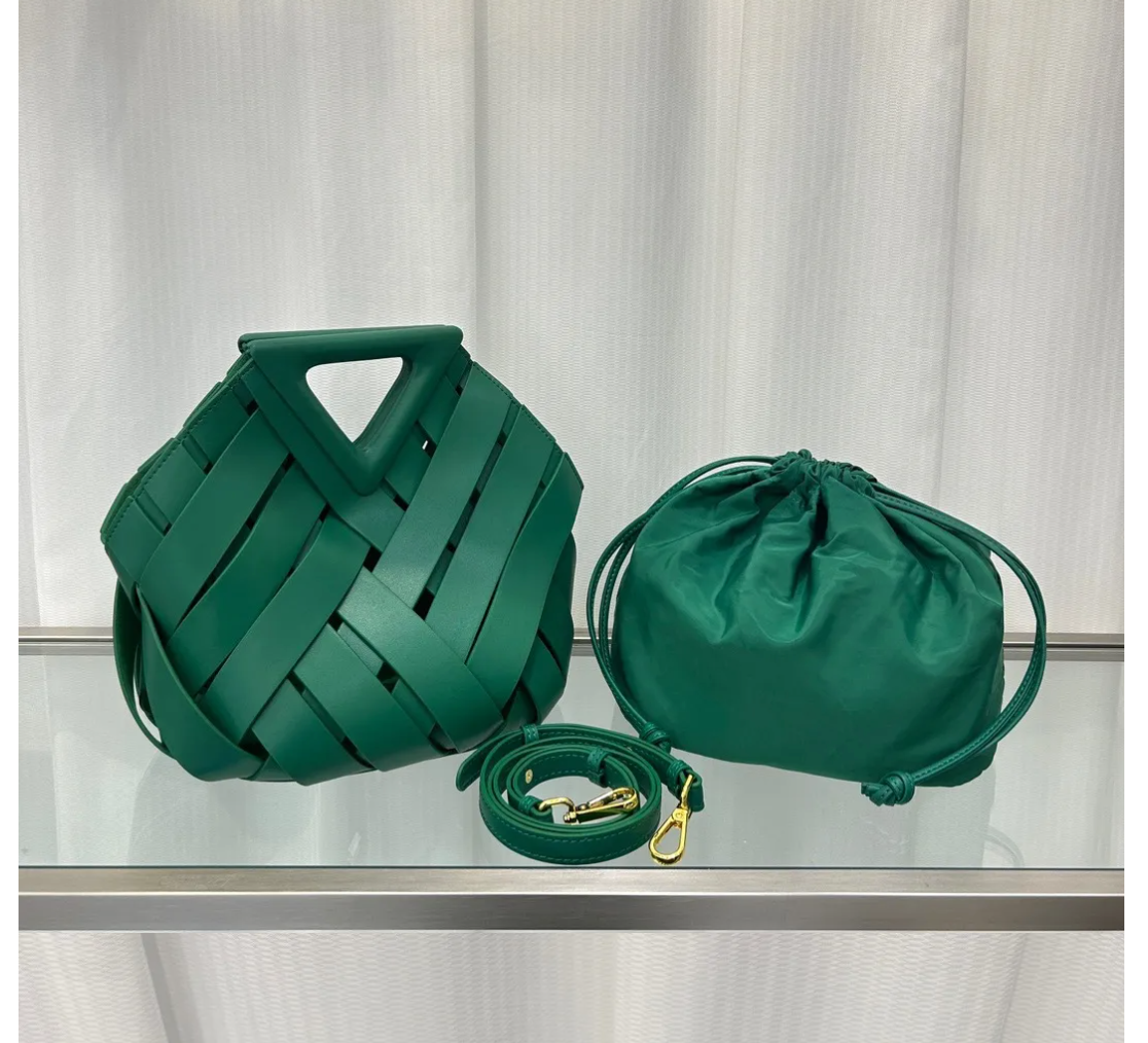 Obscura Woven Triangle-Buckle Crossbody Bag in green, set detail view