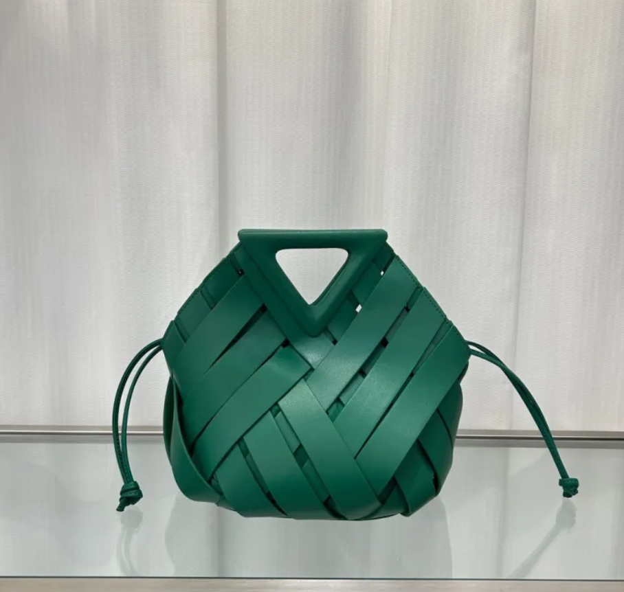 Obscura Woven Triangle-Buckle Crossbody Bag in green, front view