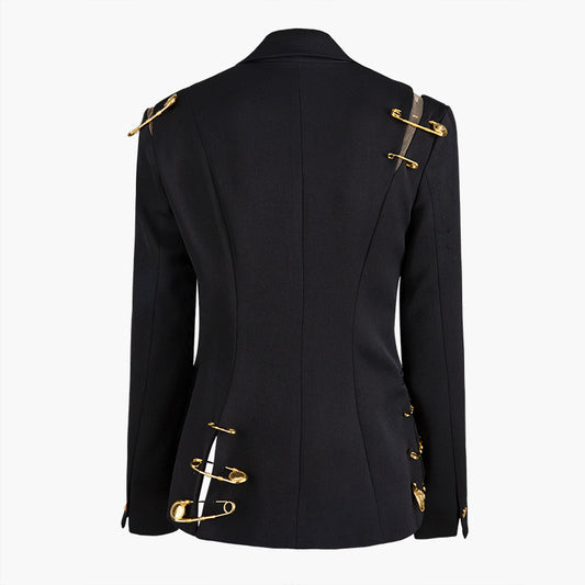 Black jacket with gold buttons on a white background