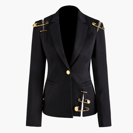 Black blazer with gold buttons on a white background