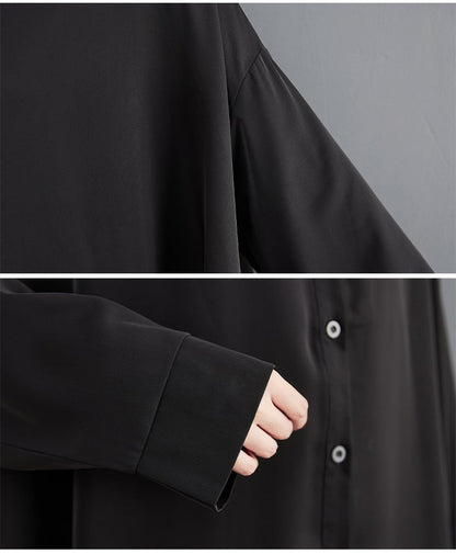 Raven Drape Oversized Black Shirt Dress, cuff and fabric detail view