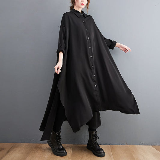 Raven Drape Oversized Black Shirt Dress, front styling view