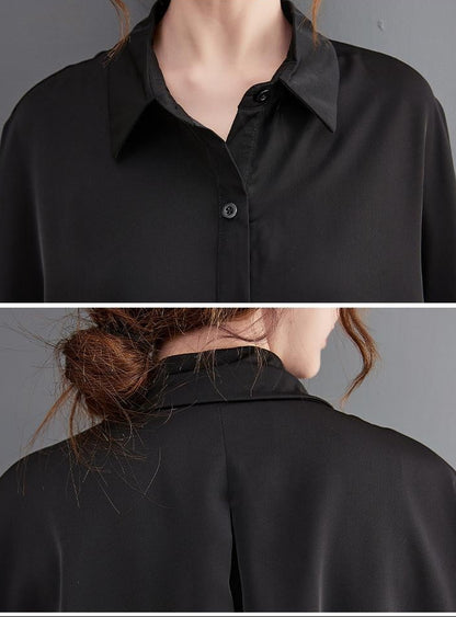 Raven Drape Oversized Black Shirt Dress, front and back silhouette detail