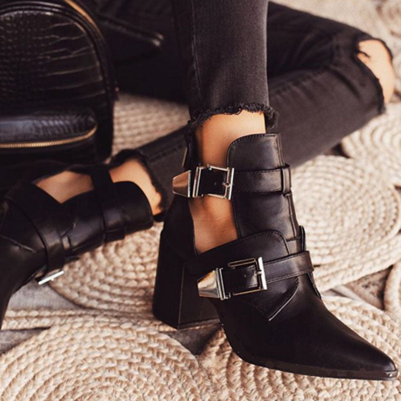 Ravencut Block-Heel Ankle Boots in black, side styling view