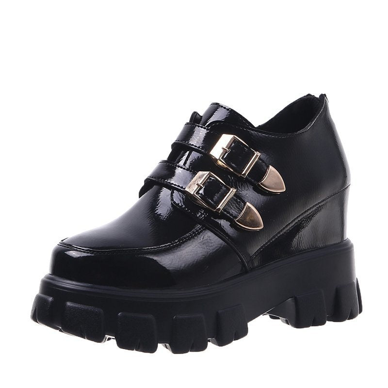 Rift Double-Buckle Platform Wedge Loafers in black, front three-quarter view