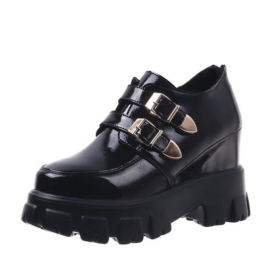 Rift Double-Buckle Platform Wedge Loafers in black, front three-quarter view