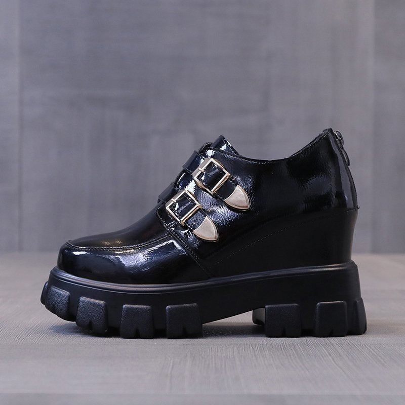 Rift Double-Buckle Platform Wedge Loafers in black, side view