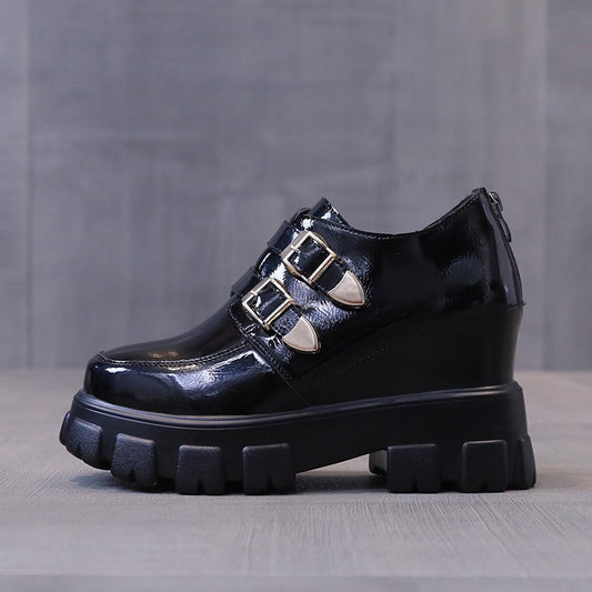 Rift Double-Buckle Platform Wedge Loafers in black, side view