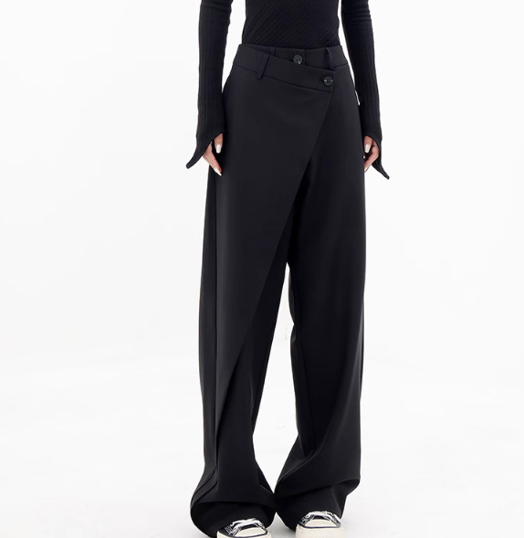 Riftline Asymmetrical Patchwork Trousers in black, front styling view