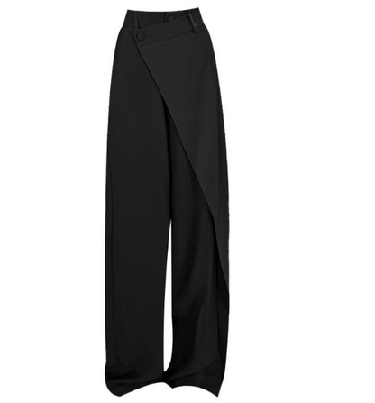 Riftline Asymmetrical Patchwork Trousers in black, product view