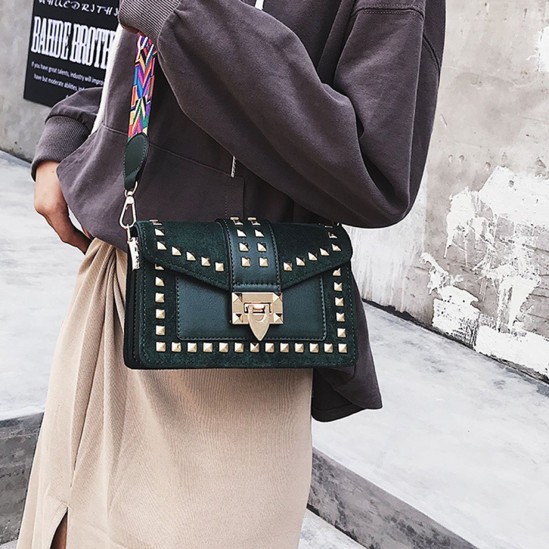 Rook Studded Velvet Crossbody Bag in green, styling view
