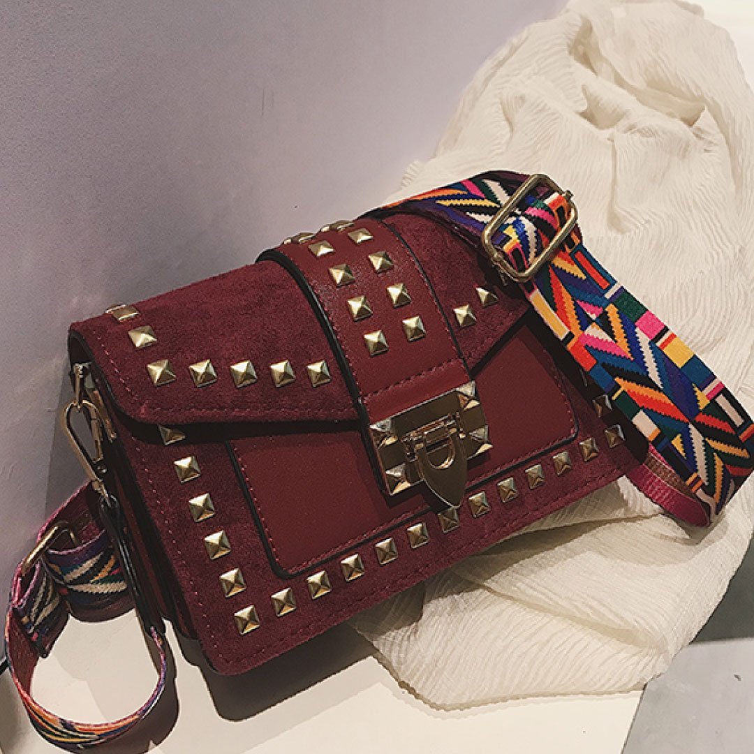 Rook Studded Velvet Crossbody Bag in red, front view