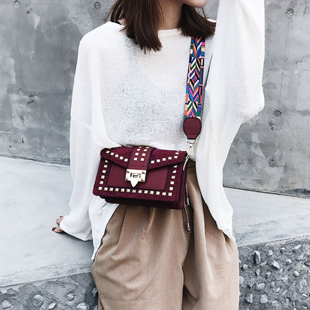 Rook Studded Velvet Crossbody Bag in red, full styling view