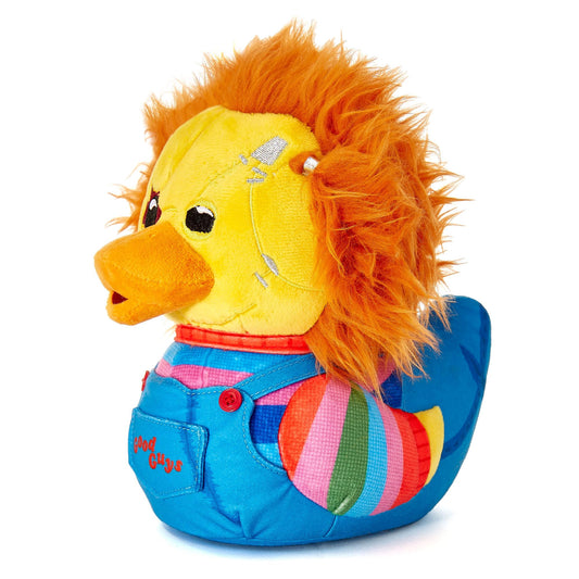 TUBBZ Chucky horror plush with orange hair, striped shirt and blue overalls