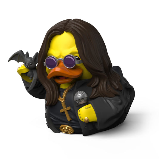 Rubber duck with long hair, sunglasses, and a black jacket holding a bat on a white background