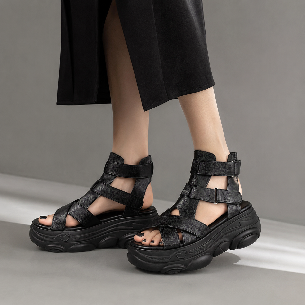Umbra Flat Platform Sandals in black, styling view