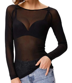 Veil Long-Sleeve Mesh Top in black, front styling view