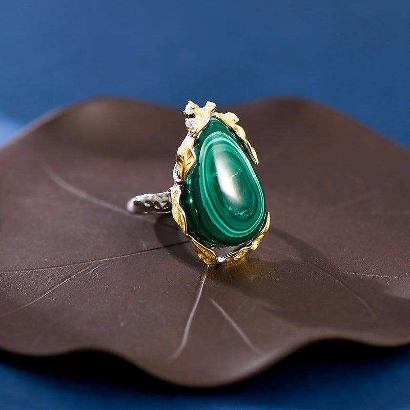 Verdant Branch S925 Silver Green Stone Ring, close-up view
