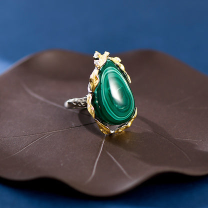 Verdant Branch S925 Silver Green Stone Ring, close-up view