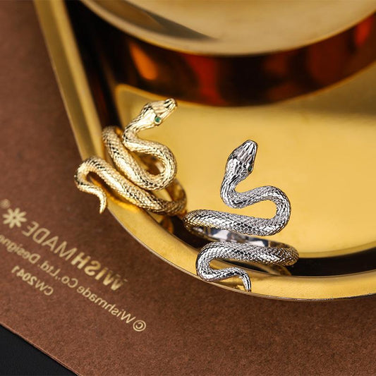 Viper's Gaze Adjustable Snake Ring in gold and silver, colour options