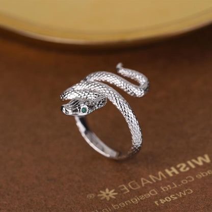 Viper's Gaze Adjustable Snake Ring in silver, product view