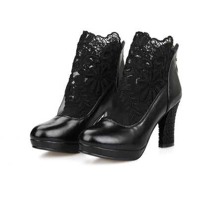 Widowlace Platform Heel Boots in black, front view