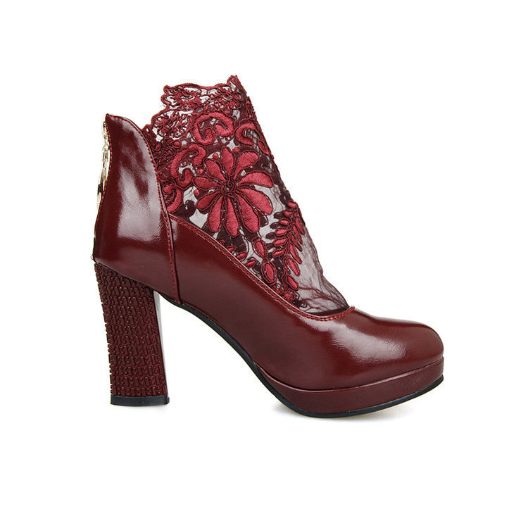 Widowlace Platform Heel Boots in red, side detail view