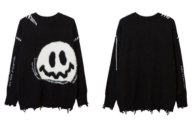 Bad Mood Distressed Smiley Knit Sweater, product view 1