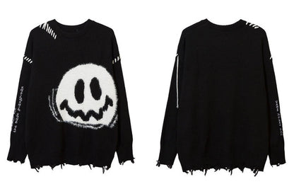 Bad Mood Distressed Smiley Knit Sweater, product view 1