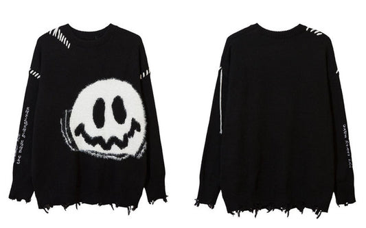 Bad Mood Distressed Smiley Knit Sweater, product view 1