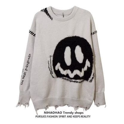 Bad Mood Distressed Smiley Knit Sweater, product view 2