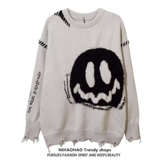 Bad Mood Distressed Smiley Knit Sweater, product view 2