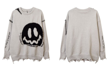 Bad Mood Distressed Smiley Knit Sweater, product view 3