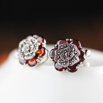 Crimson and Onyx Bloom S925 floral earrings, stone detail