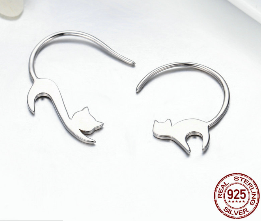 Silver-tone cat ear stud earrings with chain detail, product view