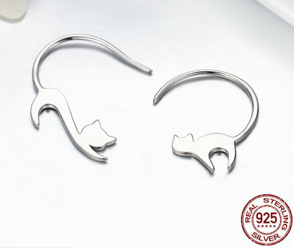 Silver-tone cat ear stud earrings with chain detail, product view