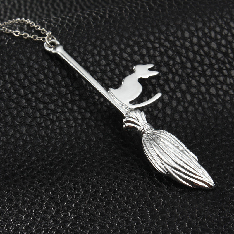Familiar Flight cat and broom pendant necklace, product view