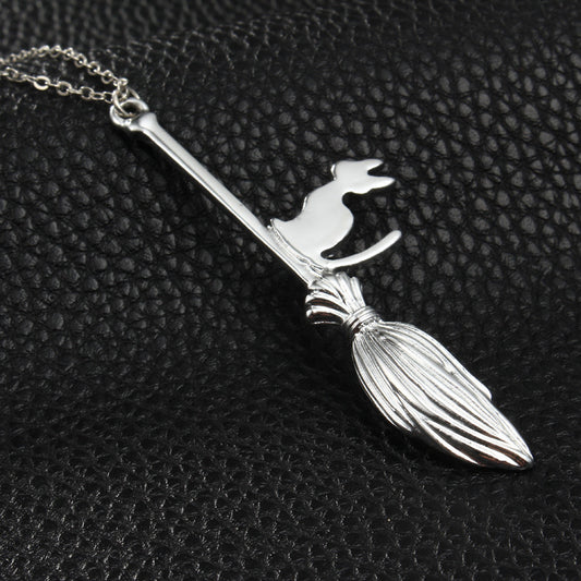 Familiar Flight cat and broom pendant necklace, product view