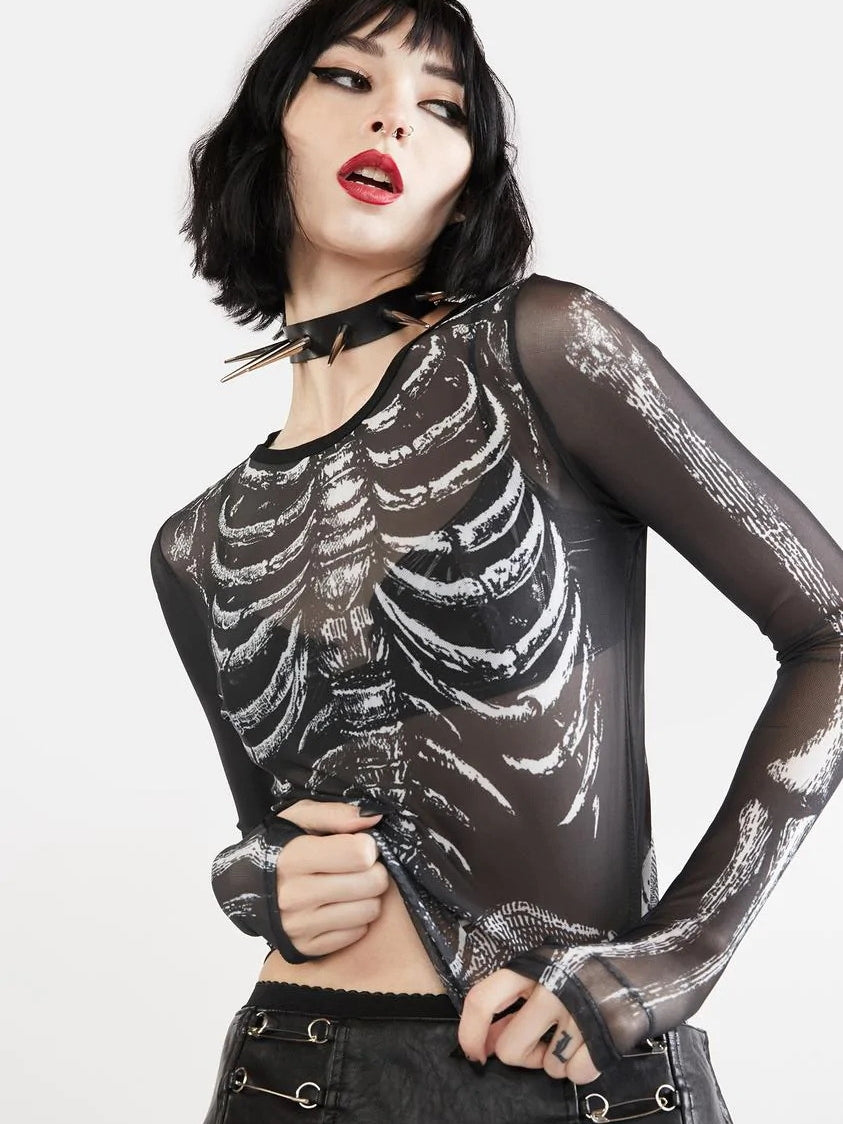 Deathveil Skull Mesh Long-Sleeve Crop Top product view 1