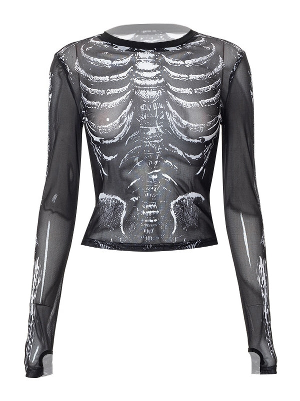 Deathveil Skull Mesh Long-Sleeve Crop Top product view 3