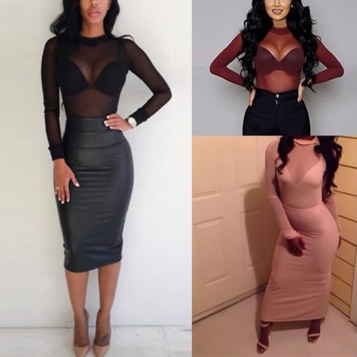 Sexy Long Sleeve Sheer Turtleneck Top for Women