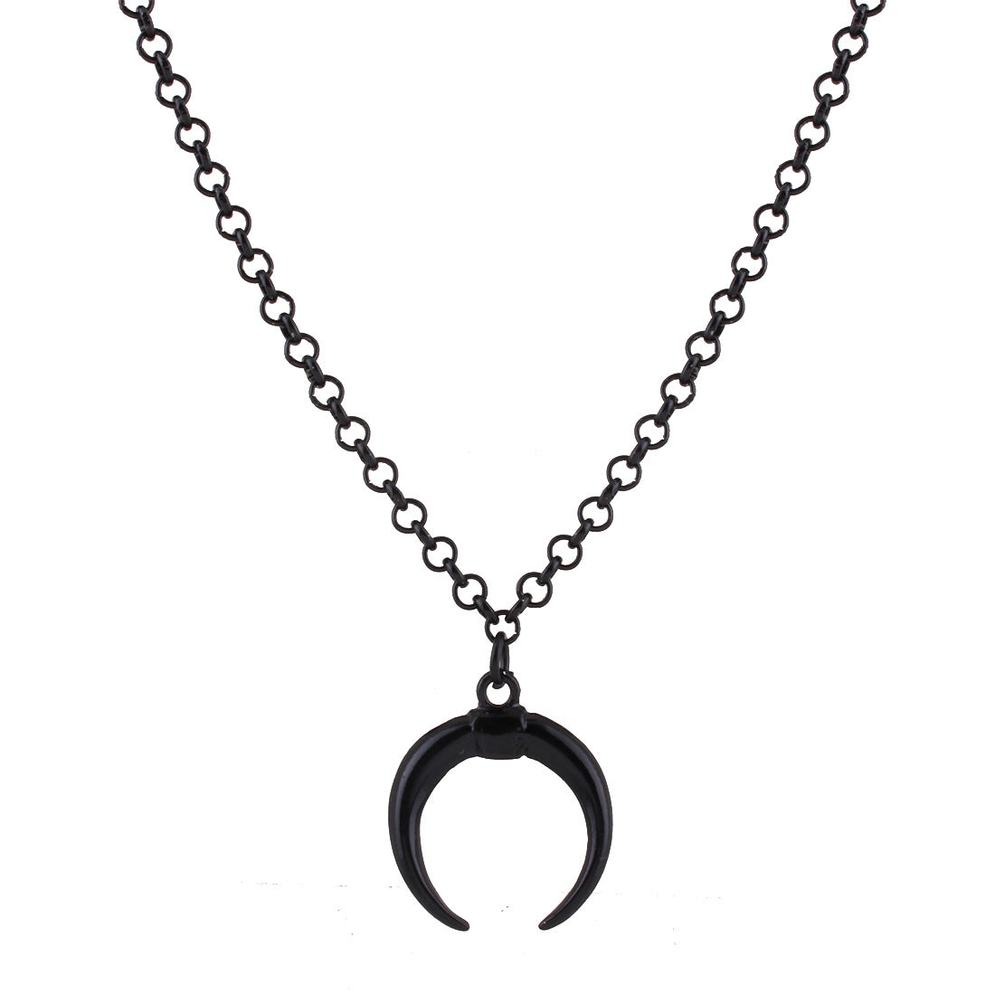 Black crescent moon pendant on a chain against a white background