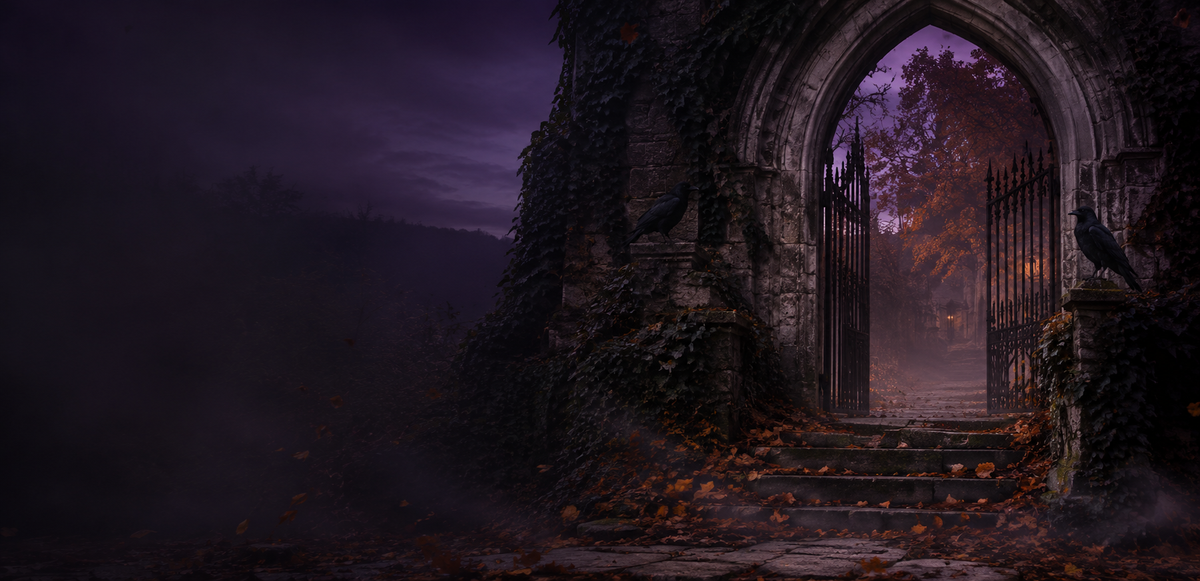 Gothic stone arch and open iron gate at purple autumn twilight with ravens and fallen leaves