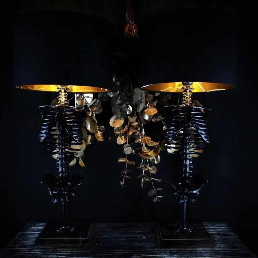 Grimlight skull table lamp illuminated with ambient light