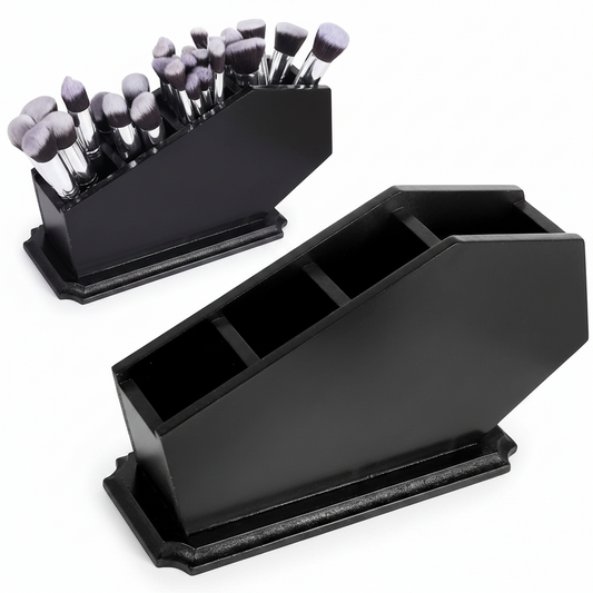 Black plastic makeup brush holder shown empty and holding a set of makeup brushes on a white background.