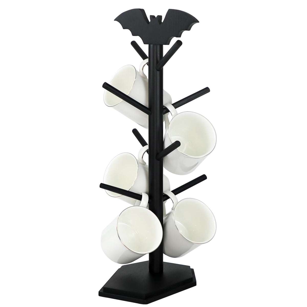 A black metal mug tree stand with a bat-shaped top and multiple branches holding white ceramic mugs, shown on a plain white background.